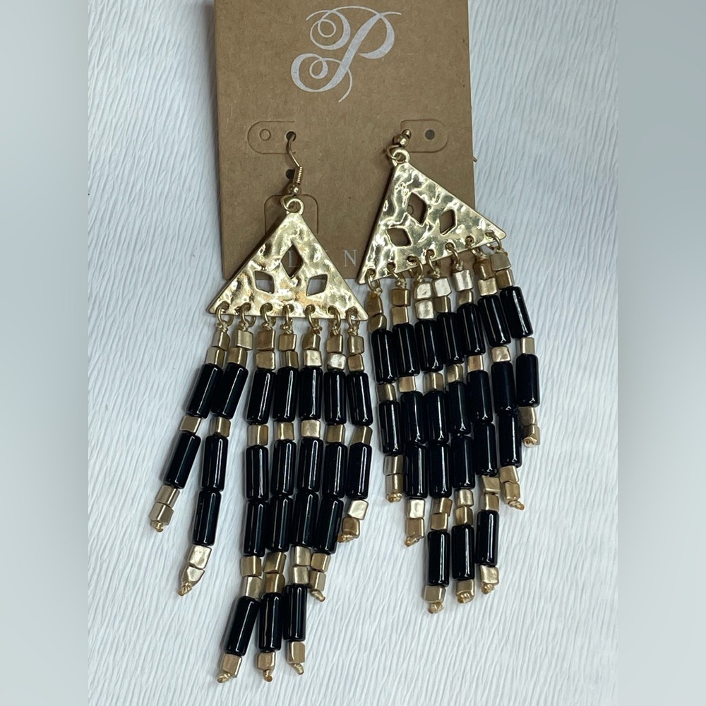 Plunder Design Jewelry Simon Black Gold Triangle Bead Drop Dangle Earring NWOT